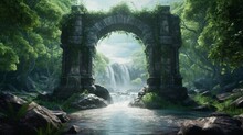 Beautiful Old Stone Green Gate Water Bridge Autumn Forest Wallpaper Image AI Generated Art