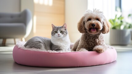 A cat and a dog are resting on a soft pet bed. Friendship between cat and dog