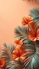 Wall Mural - Warm orange and beige summer color background with tropical palm shadow. Two trend pastel paper and exotic plant shade layout. Minimal flat lay with leaf silhouette overlay. Generative AI art