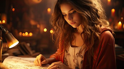 Close-up portrait of her she nice-looking lovely attractive curious creative cheery long-haired girl learning creating plan. People portrait illustration. Generative AI