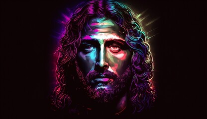 Wall Mural - Led Jesus head neon lights church cross wallpaper image AI generated art