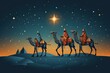 Three wise men at desert following the Star of Bethlehem. Generative AI.