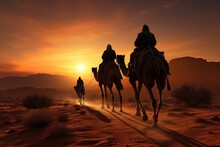 Silhouette Of Three Wise Men And Camel Caravan At Desert. Generative AI.