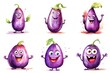 A set of six cartoon eggplant characters with different expressions, watercolor clipart on white background.