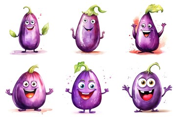 Wall Mural - A set of six cartoon eggplant characters with different expressions, watercolor clipart on white background.