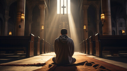 Wall Mural - Male praying inside of christian church, concept of religion faith and christianity