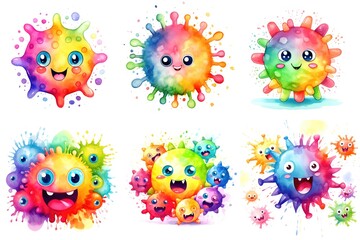 Wall Mural - A group of six cartoon germs, viruses with different expressions, watercolor clipart on white background.