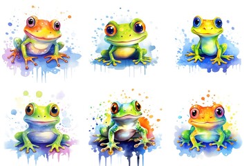 Wall Mural - A set of six different colored frogs, watercolor clipart on white background.