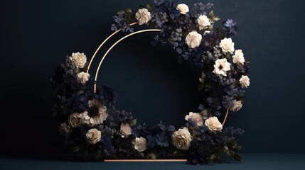 Wall Mural - Close up wreath, blooming flowers on dark moody floral textured background.