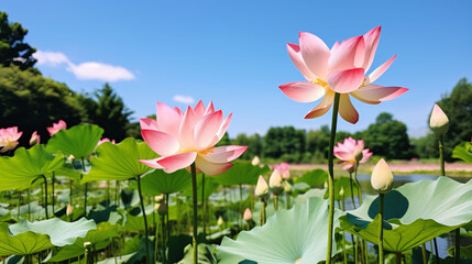 Panoramic of blooming Lotus flower on Green blurred background.Colorful water lily or lotus flower Attraction in the pond .