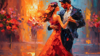 Passionate and romantic dance of a man and a woman. Oil painting. Wide relief brush strokes. A bright palette of fiery colors.