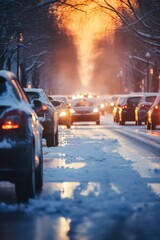 Wall Mural - Dynamic shot of a car maneuvering in winter city traffic after rain by Generative AI