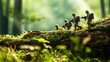 Miniature figures of soldiers are set in the forest and simulate a battle. Fully equipped soldiers with rifles. Set of military toys. Illustration for a banner, poster, cover, brochure or presentation