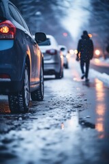 Wall Mural - Dynamic shot of a car maneuvering in winter city traffic after rain by Generative AI