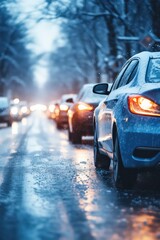 Wall Mural - Dynamic shot of a car maneuvering in winter city traffic after rain by Generative AI