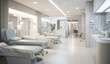 Interior of modern hospital room or ward with beds in warm, soft tones and white lights