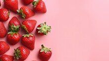 Tasty Strawberries On Pink Background, Flat Lay. Space For Text