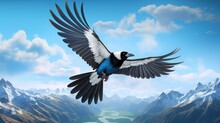 Graceful Magpie In Flight Against Mountainous Horizon. Majesty Of Birds. Ornithology, Birdwatching, Scientific Research. For Cover Design, Stationery, Scientific Journal, Presentation, Banner, Poster.