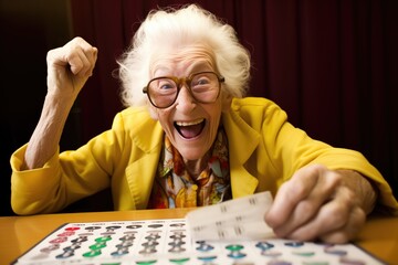 Wall Mural - Happy old lady playing bingo