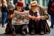 Two older men sitting on the ground, engrossed in reading a newspaper. This image can be used to depict friendship, leisure activities, or staying informed about current events.