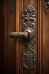 Poster - A close-up view of a door handle on a wooden door. This picture can be used to showcase the intricate details of door hardware and add a touch of elegance to any design.