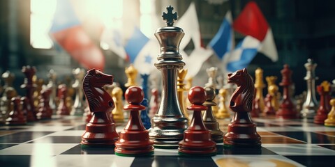 Poster - A detailed close-up of a chess board with chess pieces. This image can be used to depict strategy, competition, intelligence, and critical thinking.