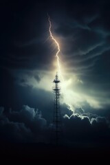 Poster - A tall tower with a lightning bolt shooting out of it. This image captures the power and energy of a lightning storm. Perfect for illustrating the forces of nature and the concept of electricity.