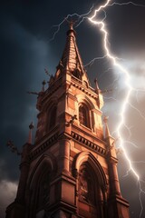 Poster - A tall tower with a clock and lightning in the sky. This image can be used to depict a stormy night or to symbolize the passage of time.