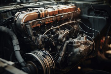 Aufkleber - A detailed close-up view of an engine in a car. This image can be used to showcase automotive technology and mechanics.