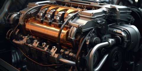 Poster - A detailed close-up view of a machine with numerous metal parts. This image can be used to showcase industrial machinery or to illustrate the complexity of mechanical systems.