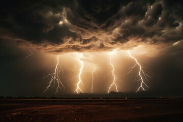 Poster - A powerful lightning storm illuminating the sky over a vast field. Perfect for adding drama and intensity to any creative project.