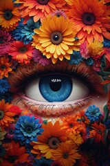 Aufkleber - A close-up of a person's eye surrounded by a beautiful arrangement of flowers. This captivating image can be used to convey themes of beauty, nature, and introspection