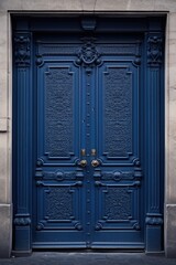 Poster - A picture of a blue door with a clock mounted on it. This image can be used to symbolize time, transitions, or new beginnings