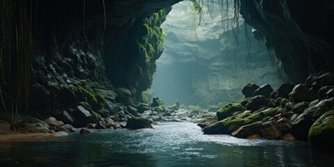 Aufkleber - A picture of a cave filled with numerous rocks and water. This image can be used to depict natural formations, geological wonders, or adventure and exploration themes