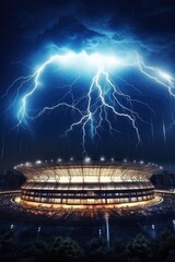 Poster - A captivating image of a large stadium illuminated by vibrant lightning strikes in the night sky. Perfect for sports events, concerts, or any high-energy themed projects