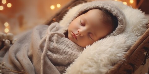 Aufkleber - A peaceful image of a baby sleeping in a basket with beautiful lights in the background. Perfect for baby-related projects and nursery decor