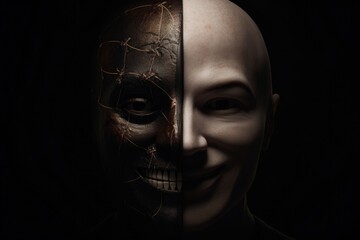 Poster - A picture of a man wearing a creepy mask on his face. This image can be used to create a sense of mystery and suspense in various projects