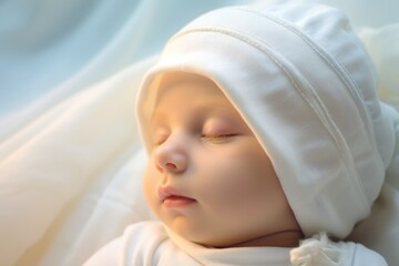 Aufkleber - A peaceful image of a baby sleeping soundly while wearing a white hat. Perfect for baby-related projects and parenting articles