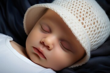 Aufkleber - A peaceful image of a sleeping baby wearing a white hat. Perfect for baby-related projects and advertisements