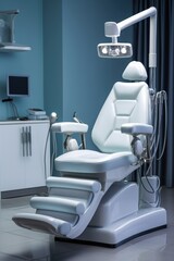 Aufkleber - A dental room featuring a white chair and a monitor. This picture can be used to showcase a modern dental office or to illustrate a visit to the dentist