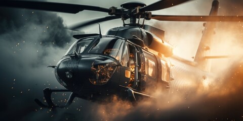 Poster - A helicopter flying through the air with smoke coming out of it. This image can be used to depict emergency situations, air transportation, or action scenes