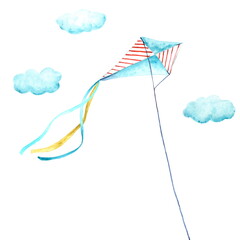 A paper kite flying among the clouds on a long rope. Blue summer sky and windy weather. Hand-drawn watercolor illustration isolated on a white background, not AI.