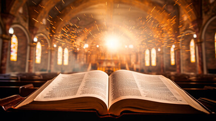 Wall Mural - open book on table in old church with sunlight