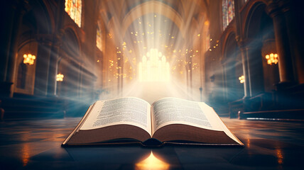 Wall Mural - open book on table in old church with sunlight