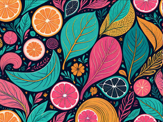 colorful abstract vector illustration patterns with leafs and orange fruit