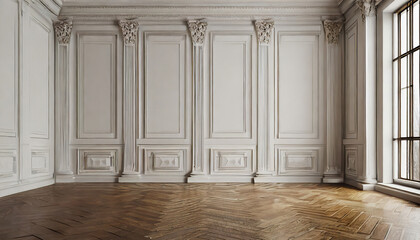 Wall Mural - White wall with classic style mouldings and wooden floor, empty room interior, 3d render