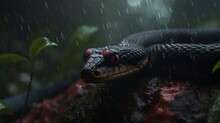 Black Mamba Snake With Piercing Red Eyes Rain Illustration Picture AI Generated Art