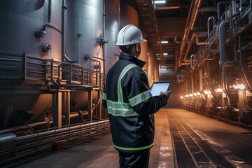 Poster - An engineer in a hard hat with a tablet in his hands in the production workshop of an industrial enterprise