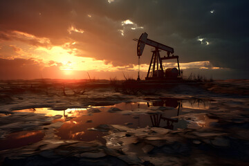 Wall Mural - Photo of crude oil pumpjack rig at sunset. Concept art of oil production or issues of nature protection 