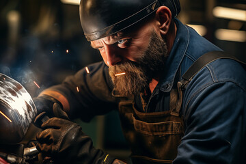 Poster - A bearded mechanic of European appearance is sharpening a tool.